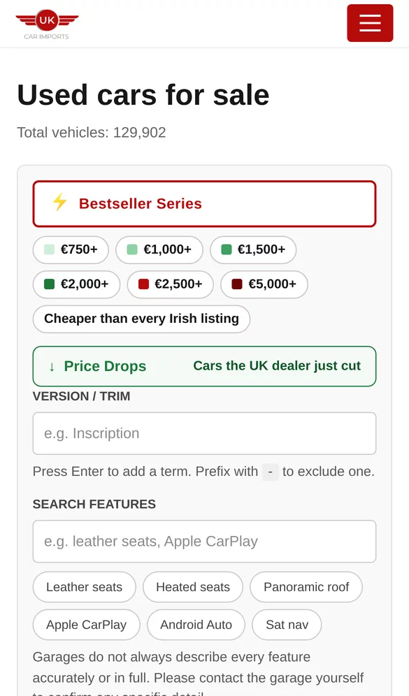 The search results on ukcarimports.ie, on a phone: filters and car tiles with prices